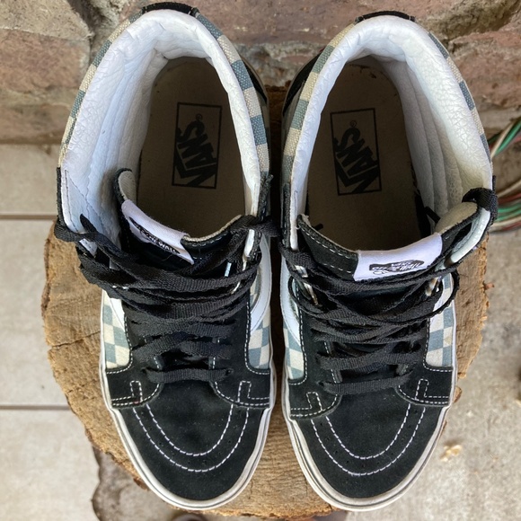 Vans Grey and White Checkered High-Tops with Black Suede Mens 7.5 Womens 9 - Picture 10 of 11